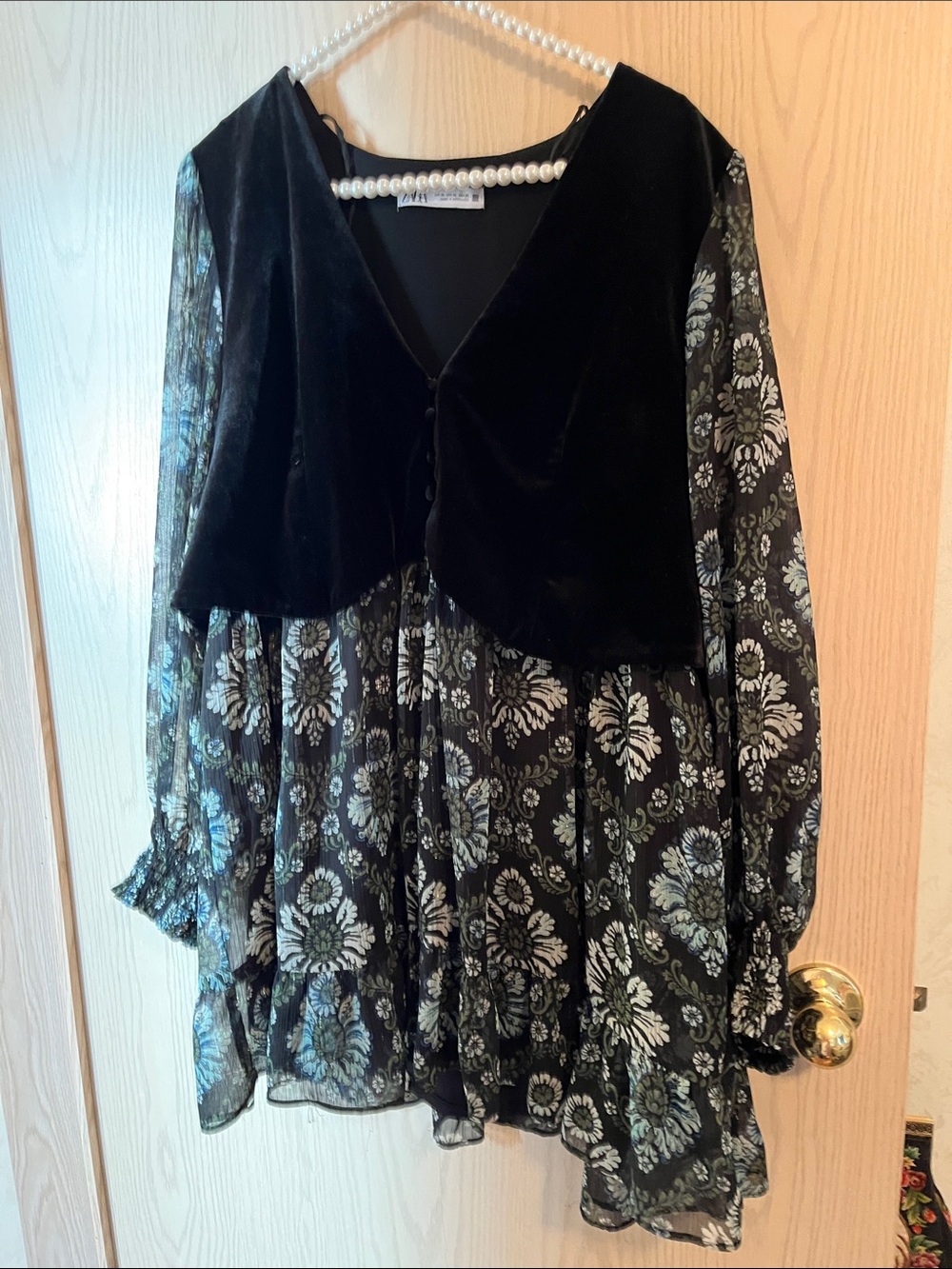 Zara Black Floral Midi Dress with Velvet Bodice